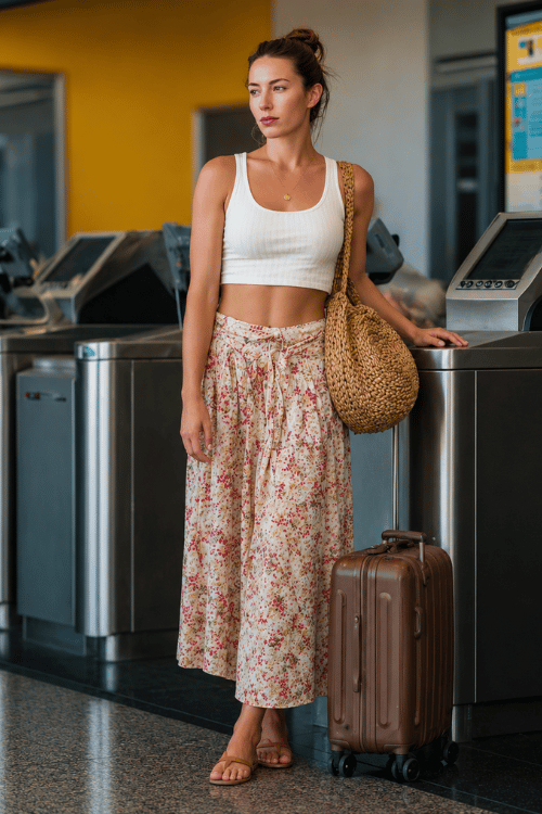 woman dressed in a flowy floral wrap midi skirt paired with a fitted white ribbed tank top and flat leather sandals, carrying a woven rattan bag and a sleek rolling suitcase