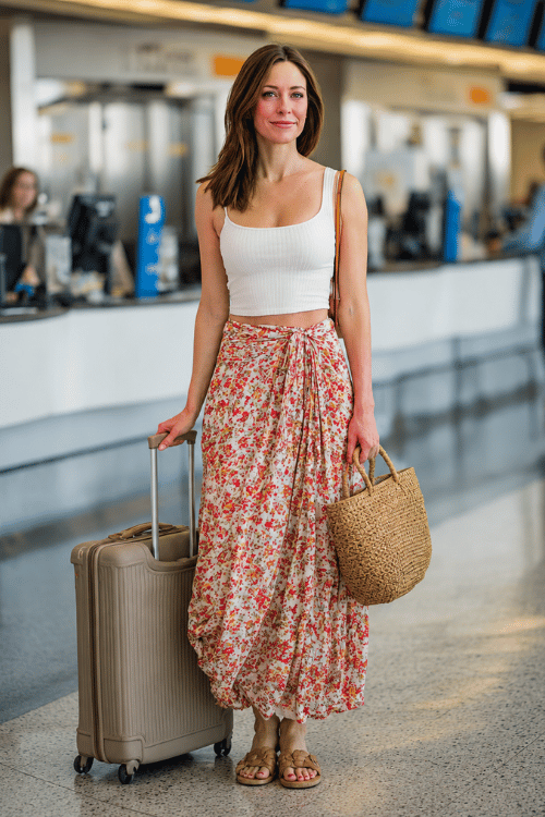 woman dressed in a flowy floral wrap midi skirt paired with a fitted white ribbed tank top and flat leather sandals, carrying a woven rattan bag and a sleek rolling suitcase