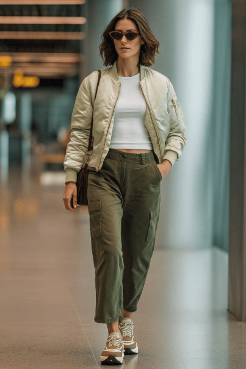 woman dressed in a lightweight bomber jacket in sage green over a simple white fitted tee and straight-leg cargo pants in olive, with chunky platform sneakers and a sleek crossbody bag