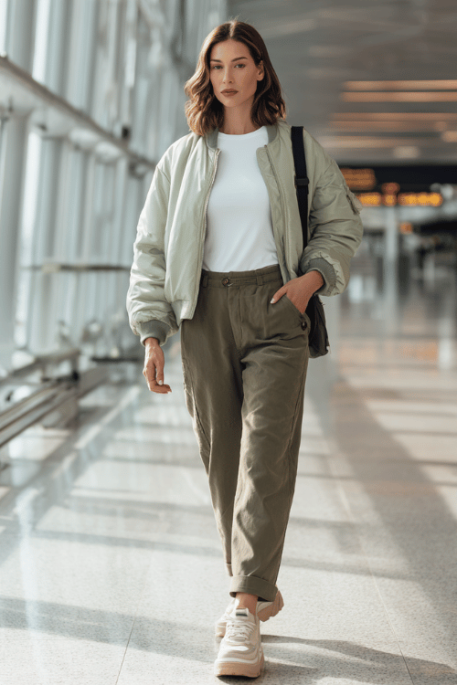 woman dressed in a lightweight bomber jacket in sage green over a simple white fitted tee and straight-leg cargo pants in olive, with chunky platform sneakers and a sleek crossbody bag