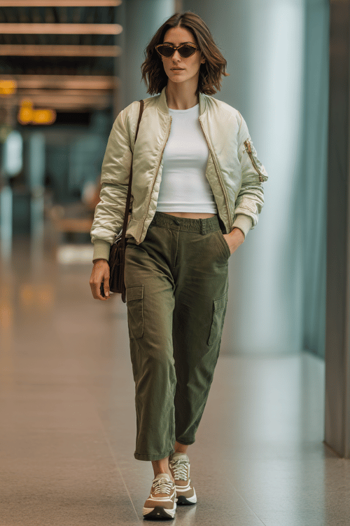 woman dressed in a lightweight bomber jacket in sage green over a simple white fitted tee and straight-leg cargo pants in olive, with chunky platform sneakers and a sleek crossbody bag