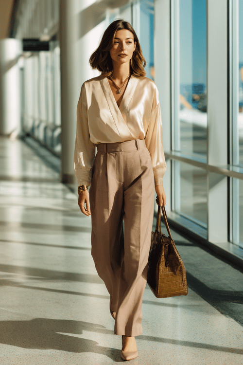 woman dressed in a lightweight silk wrap blouse in soft champagne tucked into high-waist tailored wide-leg trousers in warm taupe, with nuetral pointed-toe kitten-heel mules