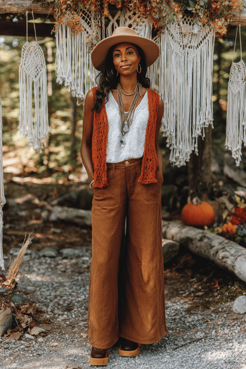 woman dressed in a loose rust-colored crochet vest over a white flowy long-sleeve blouse, wide-leg earthy brown linen pants, a wide-brim felt hat with a floral band