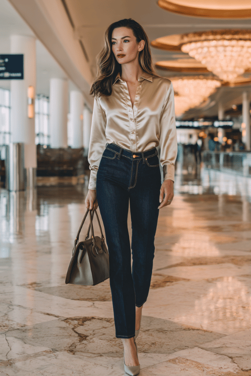 woman dressed in a luxurious silk blouse in champagne gold tucked into tailored straight-leg dark navy jeans, with pointed-toe nuetral heels and a structured top-handle leather handbag