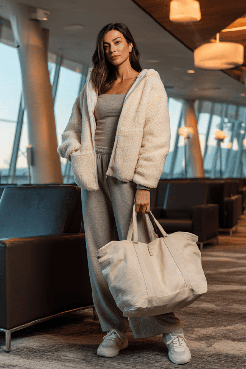 woman dressed in a plush sherpa zip-up jacket in cream over a fitted ribbed long-sleeve top and straight-leg jersey pants in soft charcoal, with memory foam slip-on sneakers