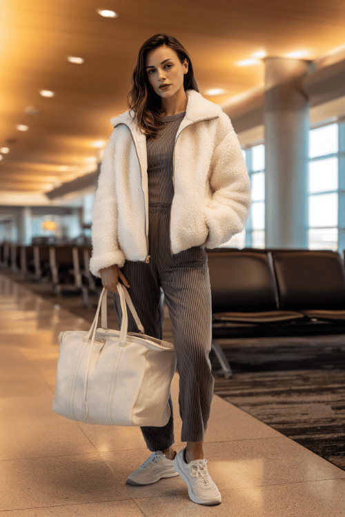 woman dressed in a plush sherpa zip-up jacket in cream over a fitted ribbed long-sleeve top and straight-leg jersey pants in soft charcoal