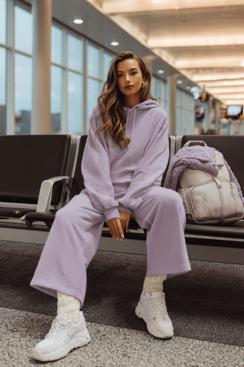 woman dressed in a relaxed matching set in soft lilac a loose pullover hoodie and wide-leg fleece-lined pants with chunky knit socks peeking over white sneakers