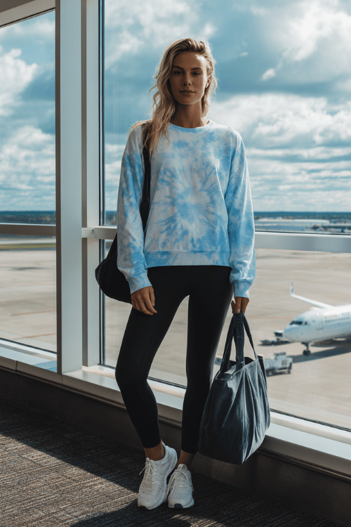 woman dressed in a relaxed oversized tie-dye crewneck sweatshirt in soft blue and white tones over high-waist black leggings, with cushioned white running sneakers and a large zip-top tote bag