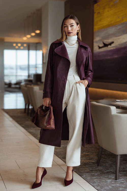 woman dressed in a rich deep plum longline leather trench coat over a fitted ivory silk turtleneck and tailored straight-leg trousers in warm cream, with burgundy suede pointed-toe heels
