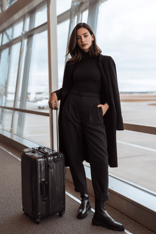 woman dressed in a sleek all-black travel outfit a fitted long-sleeve wrap top and high-waist tailored jogger pants with leather Chelsea boots, a longline black wool coat draped over her shoulders