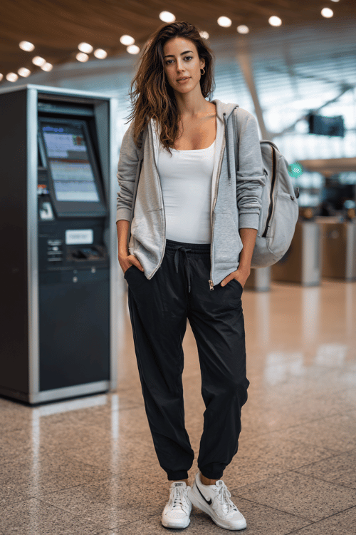 woman dressed in a soft grey zip-up hoodie over a fitted white tank top and relaxed straight-leg black jogger pants, with fresh white leather sneakers and a large nylon backpack