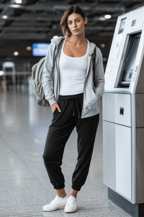 woman dressed in a soft grey zip-up hoodie over a fitted white tank top and relaxed straight-leg black jogger pants, with fresh white leather sneakers and a large nylon backpack