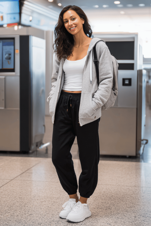 woman dressed in a soft grey zip-up hoodie over a fitted white tank top and relaxed straight-leg black jogger pants, with fresh white leather sneakers and a large nylon backpack