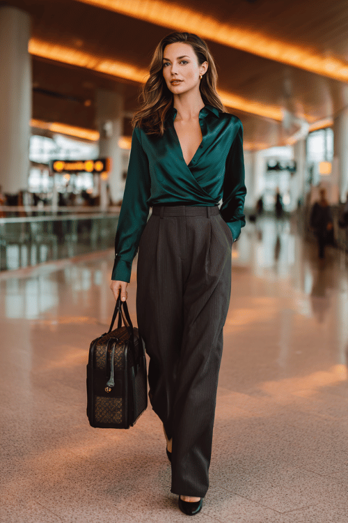 woman dressed in a sophisticated wrap blouse in deep emerald silk tucked into high-waist tailored wide-leg trousers in charcoal grey, with pointed-toe leather heels