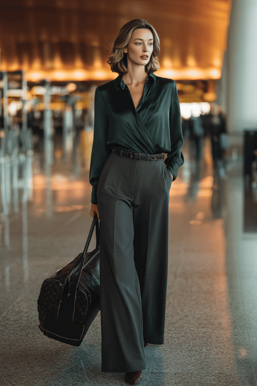 woman dressed in a sophisticated wrap blouse in deep emerald silk tucked into high-waist tailored wide-leg trousers in charcoal grey, with pointed-toe leather heels