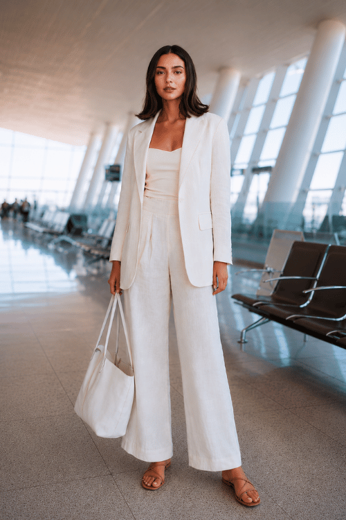 woman dressed in a tonal all-white aesthetic outfit a relaxed linen blazer over a fitted white camisole and flowy wide-leg white trousers with barely-there strappy sandals