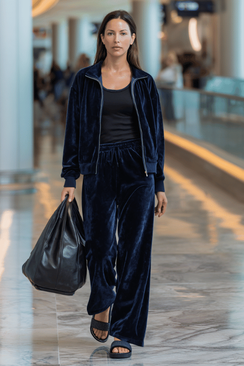 woman dressed in a velvety tracksuit in deep navy a relaxed zip-up top and wide-leg pants with thick cushioned slide sandals and a roomy leather tote bag 