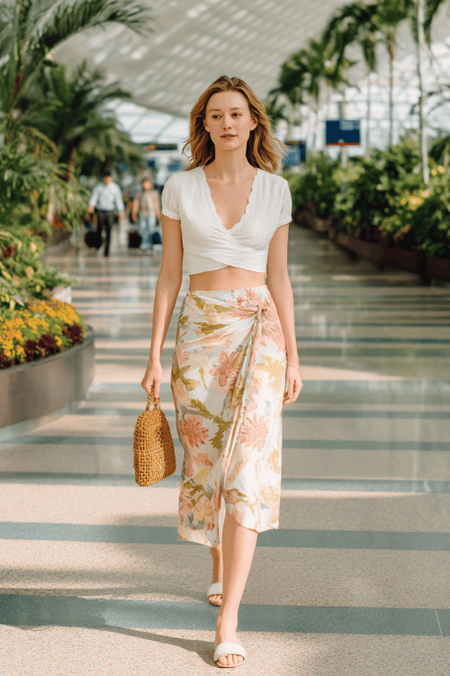 woman dressed in a whimsical printed wrap midi skirt in soft pastel floral tones paired with a fitted white cropped broderie anglaise top, white leather flat sandals