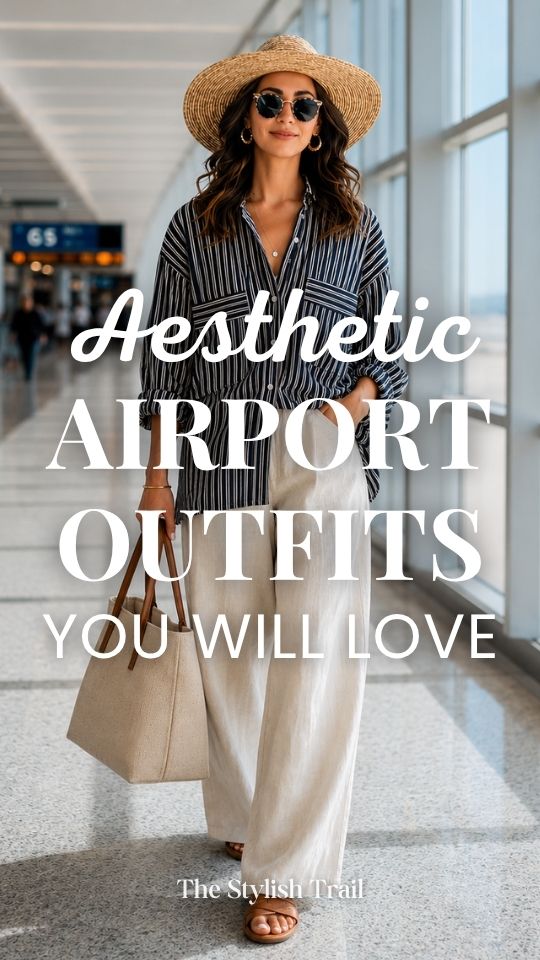 woman dressed in an aesthetic airport outfit with a clean coastal grandmother aesthetic a relaxed striped linen shirt in navy and white tucked into flowy wide-leg cream trousers with woven leather