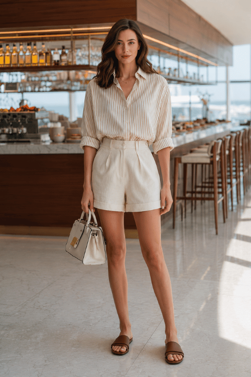 woman dressed in tailored high-waist shorts in ivory linen paired with a relaxed striped short-sleeve button-up shirt, leather slide sandals and a structured top-handle bag
