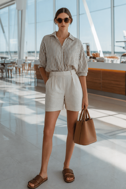 woman dressed in tailored high-waist shorts in ivory linen paired with a relaxed striped short-sleeve button-up shirt, leather slide sandals and a structured top-handle bag