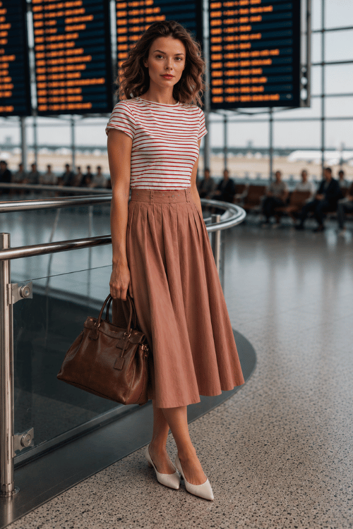 woman in a Parisian aesthetic summer look a fitted short-sleeve striped Breton top tucked into a flowy high-waist midi skirt in soft red, with ballet flats and a structured leather handbag