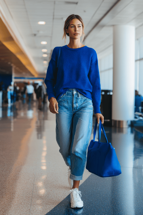 woman in a bold color-block outfit a fitted cobalt blue crewneck sweater over straight-leg medium wash jeans with white leather platform sneakers