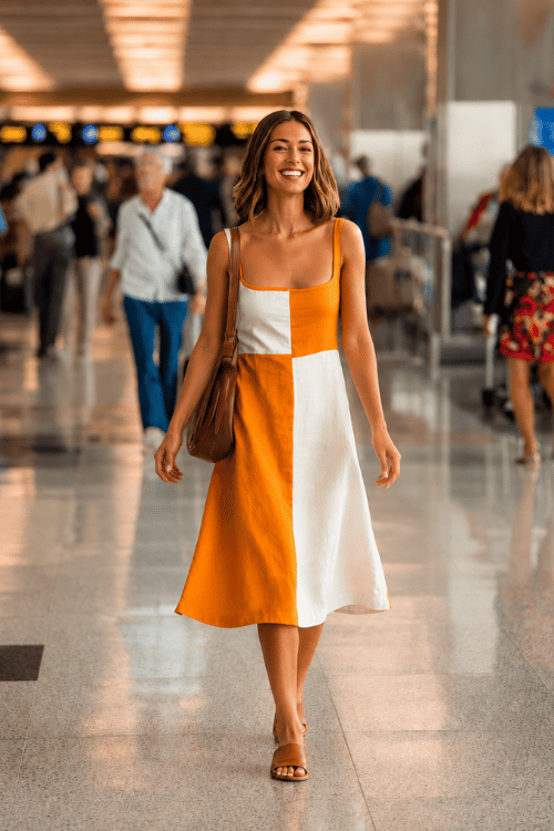 woman in a bold color-block sundress in orange and white with a square neckline and midi length, paired with tan leather block heel sandals and a sleek leather crossbody bag