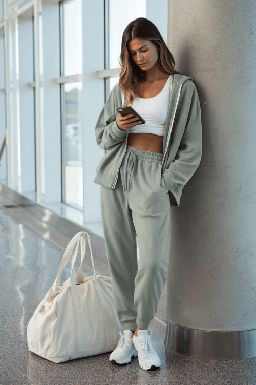 woman in a buttery soft lounge set a long-sleeve zip-up top and matching tapered jogger pants in sage green with cushioned white running sneakers and a spacious canvas tote
