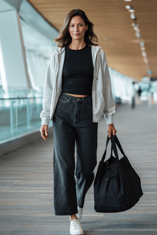 woman in a casual transitional outfit a fitted black long-sleeve tee layered under an unzipped light grey hoodie and relaxed wide-leg dark jeans with classic white low-top sneakers