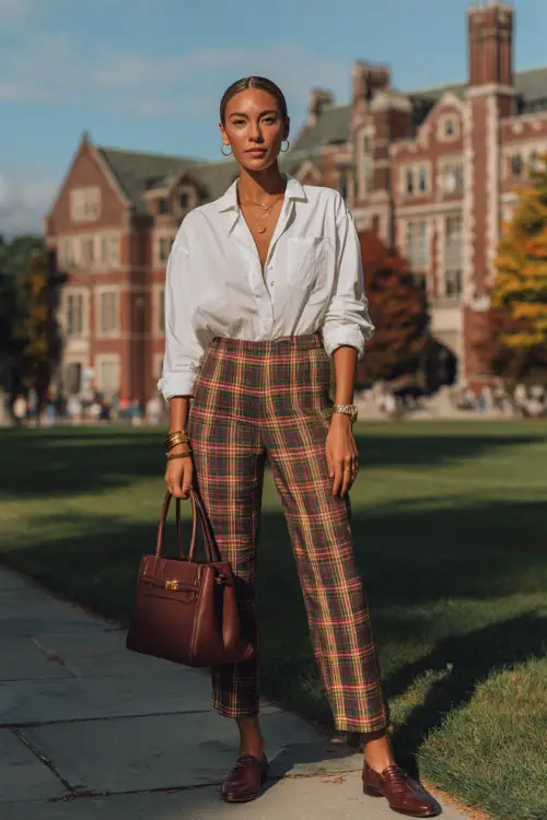 woman in a classic white cotton button-down shirt worn tucked into a high-waisted classic tartan plaid straight-leg trouser in warm red and green tones