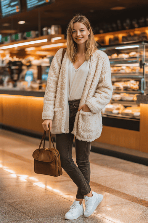 woman in a cozy oversized teddy bear cardigan in warm cream with cute patch details, paired with high-waist dark wash skinny jeans and white lace-up sneakers 