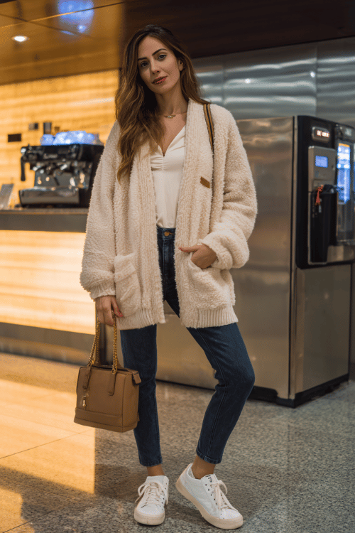 woman in a cozy oversized teddy bear cardigan in warm cream with cute patch details, paired with high-waist dark wash skinny jeans and white lace-up sneakers