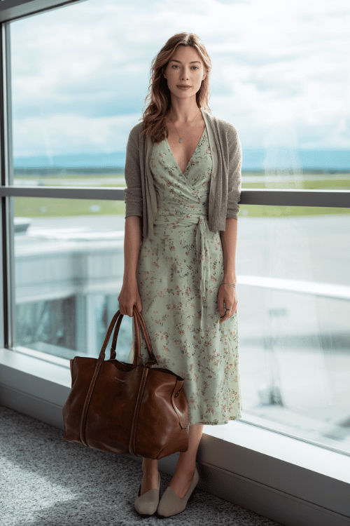 woman in a feminine floral midi wrap dress in muted sage and cream tones, layered with a fitted cropped cardigan and block heel mules, carrying a large leather tote