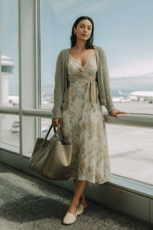 woman in a feminine floral midi wrap dress in muted sage and cream tones, layered with a fitted cropped cardigan and block heel mules, carrying a large leather tote