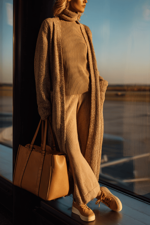 woman in a head-to-toe camel monochrome look a longline oversized ribbed cardigan over a matching ribbed turtleneck and wide-leg knit pants with tan suede slip-on sneakers 