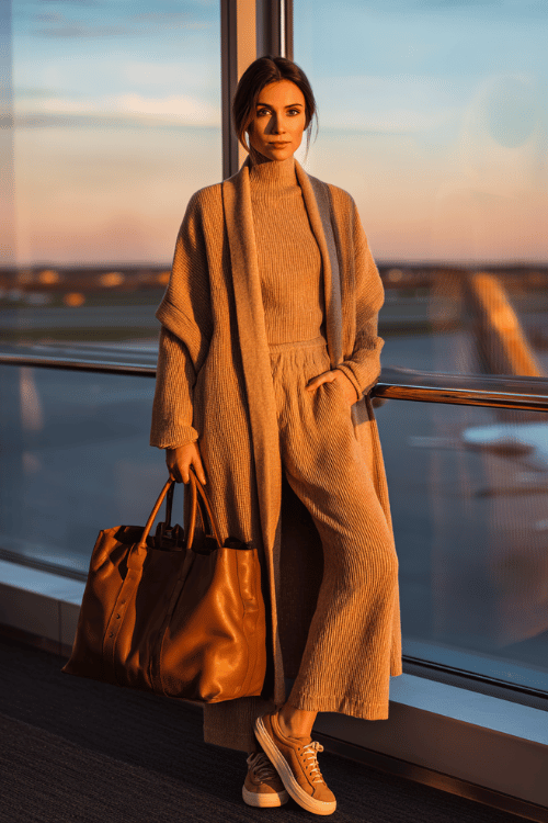 woman in a head-to-toe camel monochrome look a longline oversized ribbed cardigan over a matching ribbed turtleneck and wide-leg knit pants with tan suede slip-on sneakers