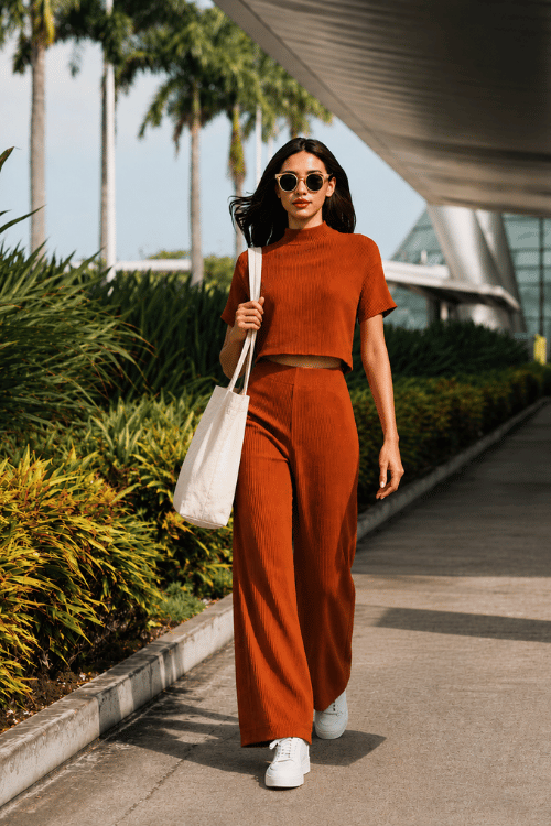 woman in a lightweight knit matching set a short-sleeve crop top and wide-leg pants in warm terracotta with white platform sneakers and a canvas tote bag