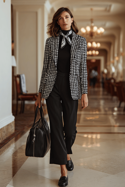 woman in a refined French-inspired look a fitted black and white houndstooth blazer over a simple black fitted turtleneck and straight-leg black trousers with black leather loafers 