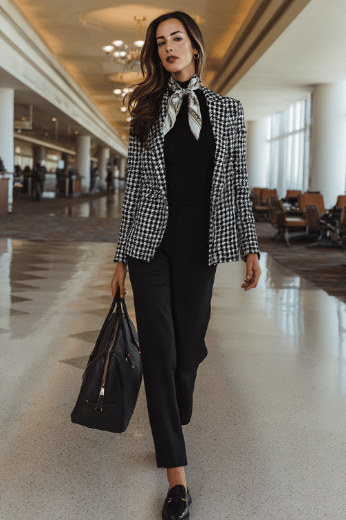 woman in a refined French-inspired look a fitted black and white houndstooth blazer over a simple black fitted turtleneck and straight-leg black trousers with black leather loafers