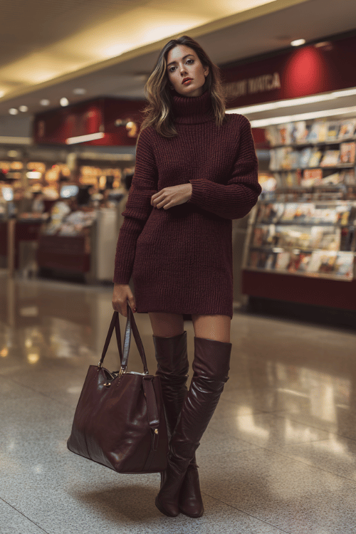 woman in a rich burgundy turtleneck sweater dress with a subtle ribbed texture and long sleeves, paired with over-the-knee leather boots and a large leather shopper bag 