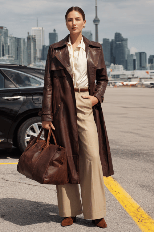 woman in a rich chocolate brown leather trench coat over a cream silk blouse and tailored wide-leg trousers in warm tan, with brown suede ankle boots and a large structured tote bag
