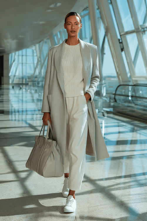 woman in a smart travel outfit a longline oversized blazer in soft dove grey worn as a coat over a matching ribbed knit set of a fitted top and wide-leg pants in ivory with white leather slip-on