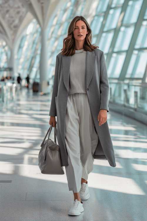 woman in a smart travel outfit a longline oversized blazer in soft dove grey worn as a coat over a matching ribbed knit set of a fitted top and wide-leg pants