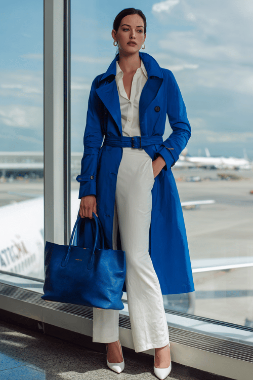 woman in a striking cobalt blue longline trench coat belted at the waist over a fitted white silk blouse and tailored straight-leg white trousers, with white leather pointed-toe heels