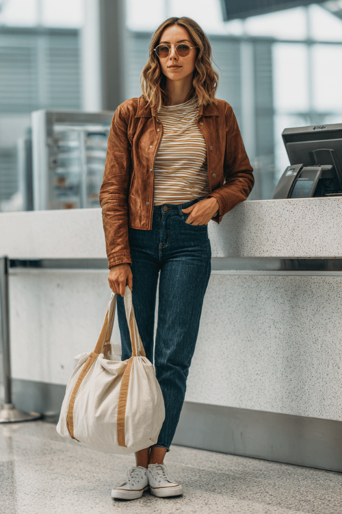 woman in a vintage-inspired look a cropped brown leather jacket over a striped fitted long-sleeve shirt and slim-fit dark indigo jeans with retro white sneakers and a large canvas tote bag