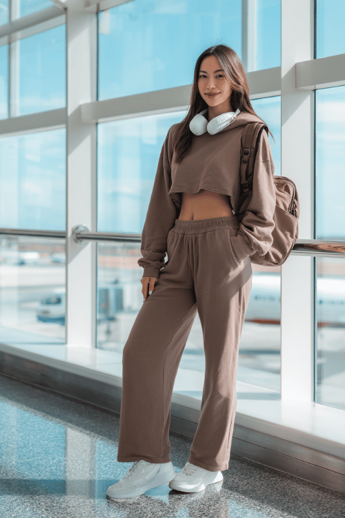 woman in an ultra-soft matching set a cropped hoodie and high-waist wide-leg sweatpants in warm mocha with thick-soled white sneakers and a roomy nylon backpack 