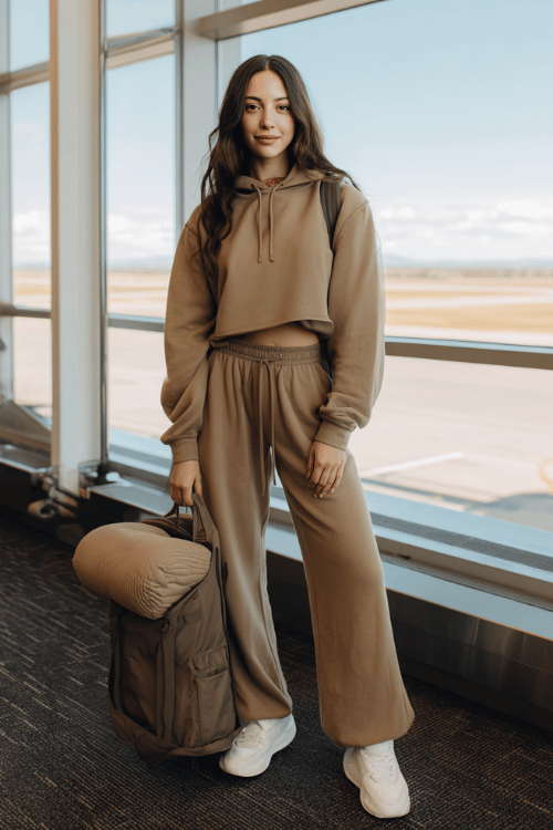 woman in an ultra-soft matching set a cropped hoodie and high-waist wide-leg sweatpants in warm mocha with thick-soled white sneakers and a roomy nylon backpack