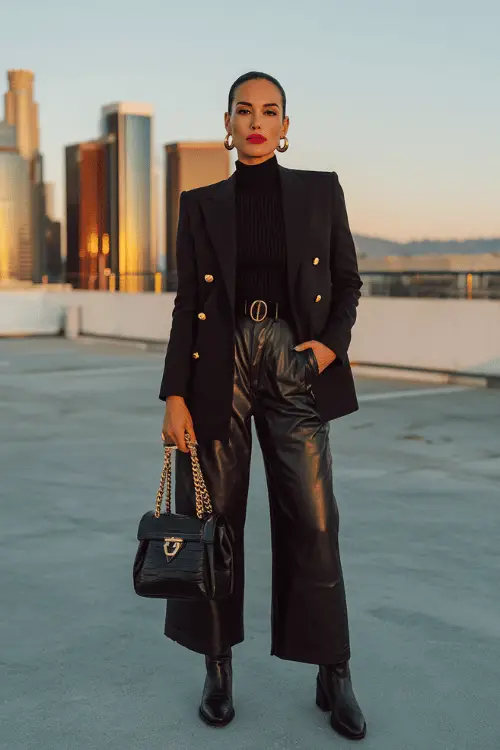 woman in her 40s wearing a classic black double-breasted blazer with edgy oversized gold button detailing over a fitted black ribbed turtleneck and high-waisted wide-leg black leather trousers 