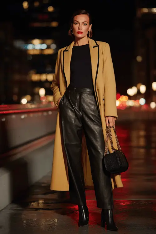 woman in her 40s wearing a classic camel tailored longline coat with edgy oversized lapels and bold black contrast stitching details over a fitted black mock-neck bodysuit 